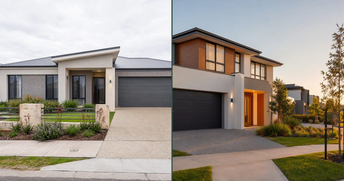 A two-panel comparison of a residential street in Kwinana beside a newer street in Wellard