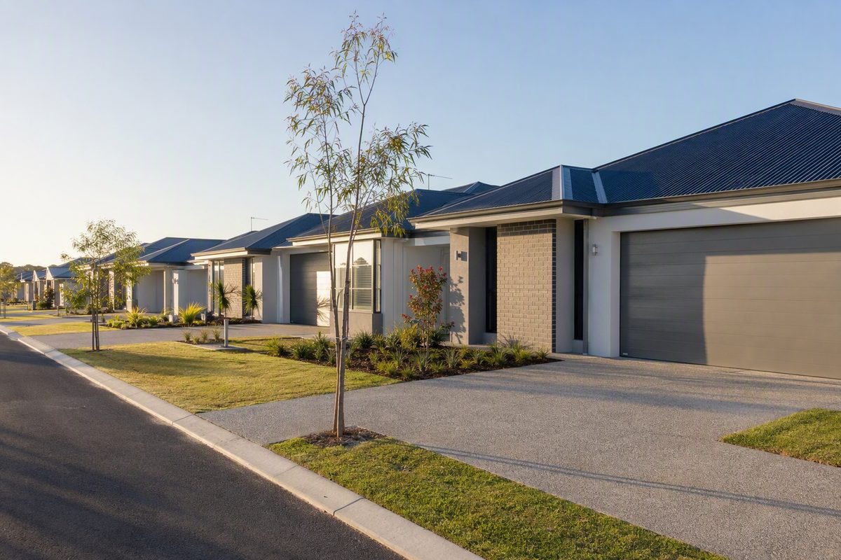 A residential street of contemporary Western Australian homes on a clear morning