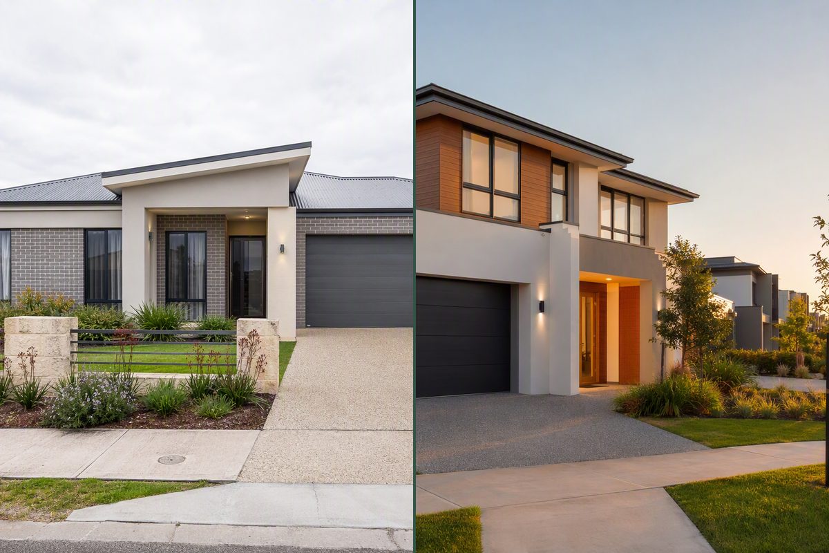 Side-by-side streetscapes of established Kwinana homes and newer Wellard homes